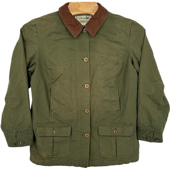 VTG 90s y2k Women's Green Brown L.L. Bean Corduroy Collar Canvas Chore Coat XL - Picture 1 of 9
